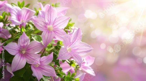  A vase holding pink flowers sits atop a green  leafy plant Behind is a backdrop of soft pink and white hues