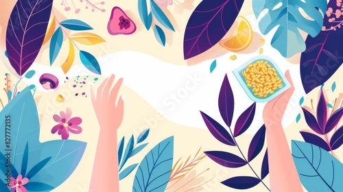 Illustrate an assortment of plant-based proteins from above in a vibrant, flat design with a clean background for copy