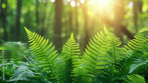  A tight shot of a fern in a forest, sun illuminating trees above, leaves opposite bathed in soft focus