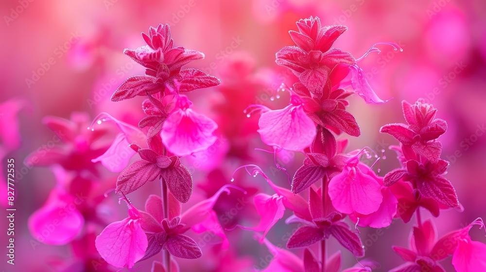  A close-up of multiple pink flowers with water drops on their petals and a blurred backdrop of pink blooms