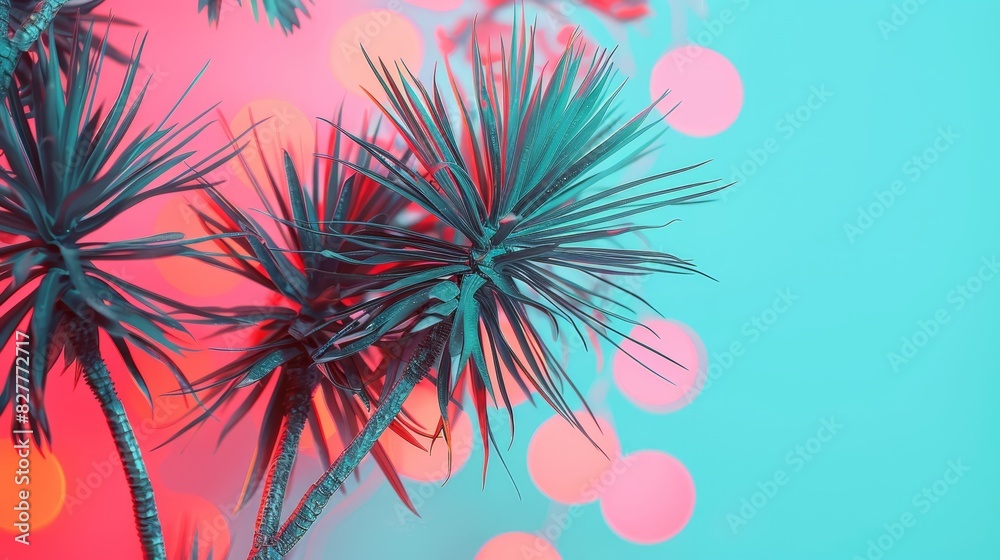  Palm trees duo against a blue-pink backdrop Numerous lights behind, softly blurred background