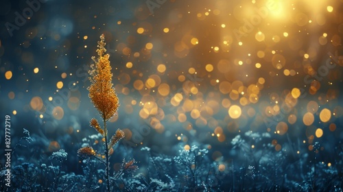  A tight shot of a plant amidst a sea of grass Background softly blurred, colored in shades of yellow and blue, radiating from the top of the grass, where light sc photo