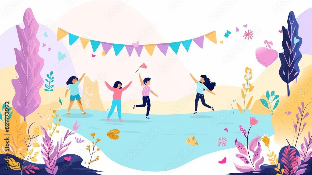Obraz premium Design a whimsical scene featuring children gleefully waving flags in a panoramic setting against a soft, pastel backdrop, perfect for including text
