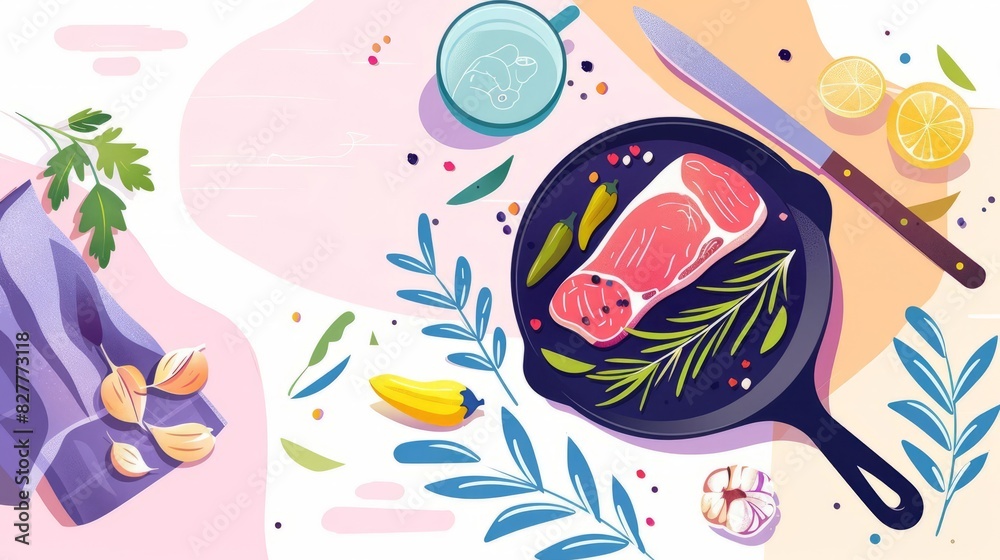 Fototapeta premium Illustrate a top-down perspective of a vintage cast iron skillet sizzling with fresh herbs, a golden seared steak, and vibrant bell peppers on a worn, wooden kitchen table Utilize