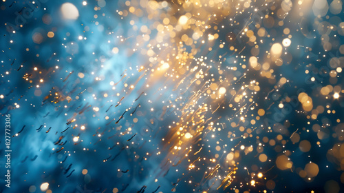 Abstract background new year, cheering crowd and blue and gold fireworks and celebrating holiday, copy space,