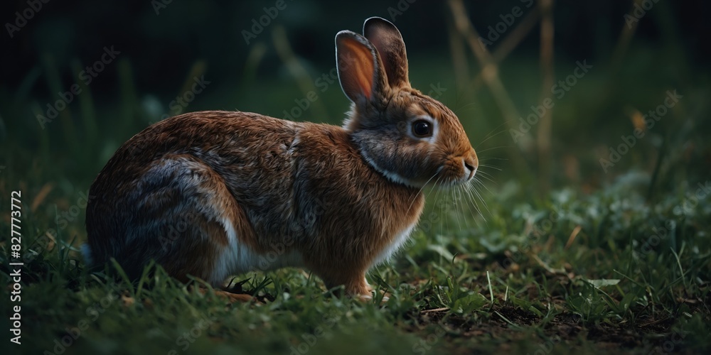 Fototapeta premium Curious Brown and White Rabbit Sitting in Grass at Sunset.
