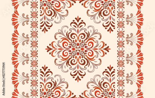 Abstract Traditional Scribble Style Hand Drawn Ikat Seamless Vector Pattern Trendy Fashion Colors Perfect for Allover Fabric Print or Wall Paper Damask Ethnic Concept Bright Orange White Tones