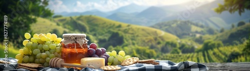 Scenic picnic setup with various cheeses, crackers, grapes, and a jar of honey on a checkered cloth, rolling green hills in the background, high resolution, Realism, Photography 8K , high-resolution,  photo