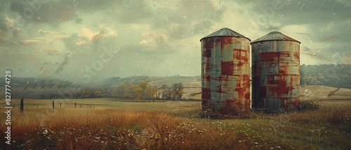 Vintage style farm scene with steel silos, muted colors, and an aged texture, evoking a sense of nostalgia and history, Vintage, Photography 8K , high-resolution, ultra HD,up32K HD photo