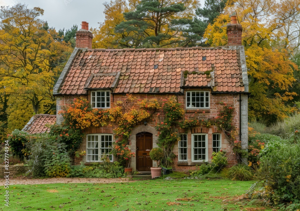 Picturesque English Cottage Nestled Amidst Vibrant Autumn Foliage