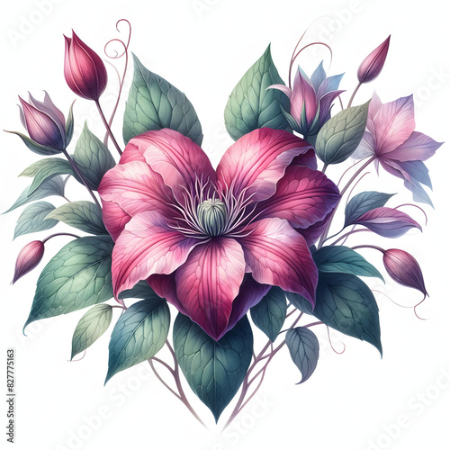 Summer Floral Heart Shape. Tropical Clematis Flowers Design for Banner, T-shirt, Fabric Print. Hello Summer Watercolor Botanical Background. 