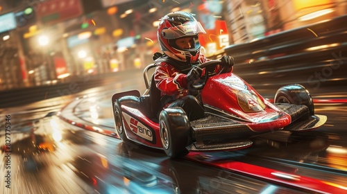 Thrilling Scene of a Kart Speeding Through the Finish Line, Enhanced by Dynamic Effects and the Racer's Helmet for an Adrenaline-Packed Moment
 photo