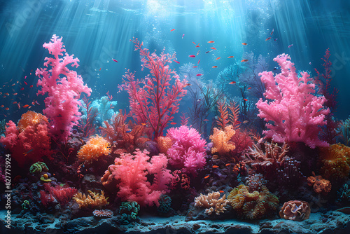 Background underwater coral reef with vibrant colors like coral pink, turquoise, and seafoam green, with intricate coral formations and tropical fish creating a colorful and lively underwater world.