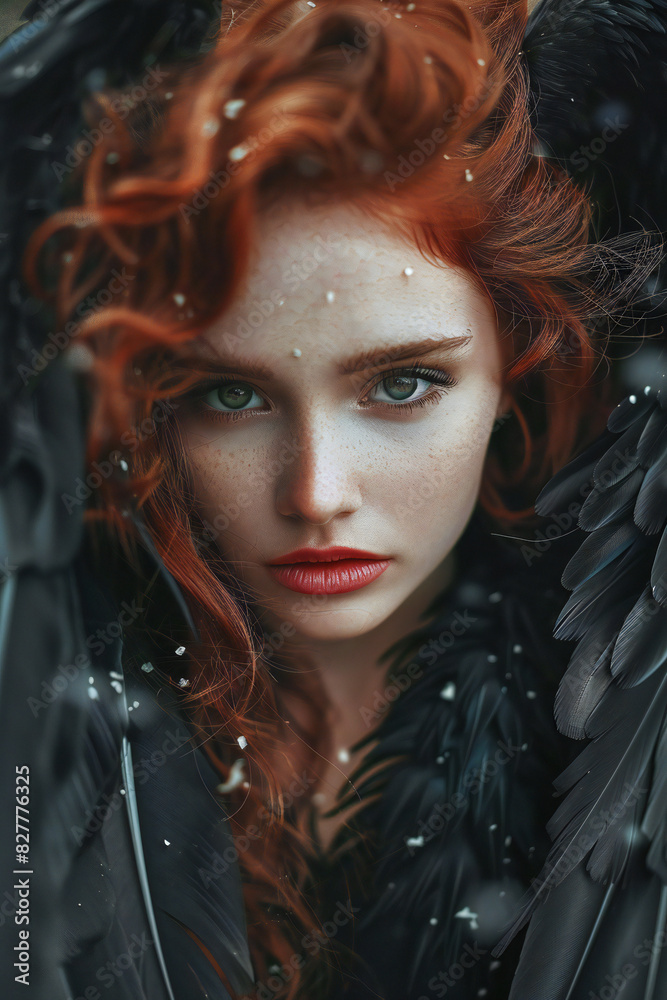 A striking portrait of a red-haired woman with intense green eyes, surrounded by black feathers and falling snowflakes. Symbolizes mystery and allure. Ideal for fashion campaigns, winter collection A striking portrait of a red-haired woman with intense green eyes, surrounded by black feathers and falling snowflakes. Symbolizes mystery and allure. Ideal for fashion campaigns, winter collection
