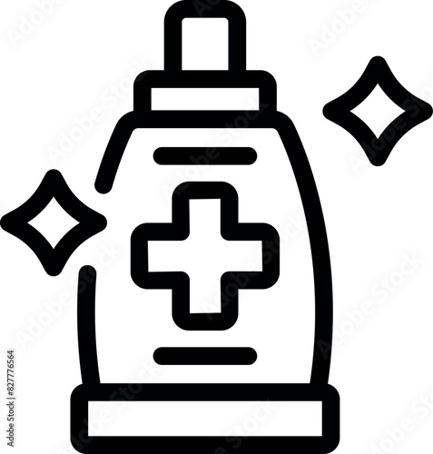 Simple flat graphic hand sanitizer bottle icon in black and white. With sparkle and shiny elements. Vector illustration for sanitation. Hygiene. Cleanliness. And germ protection. Healthcare