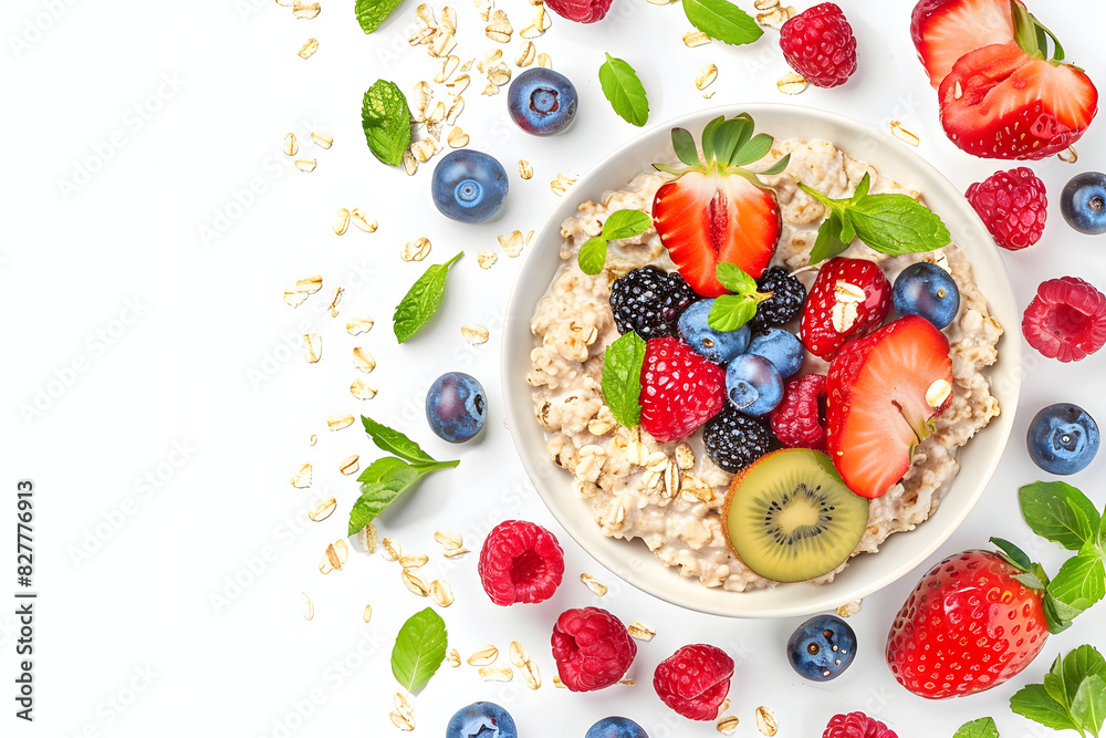 Healthy oatmeal served with berries and fresh fruits on white background. Healthy breakfast. Top view