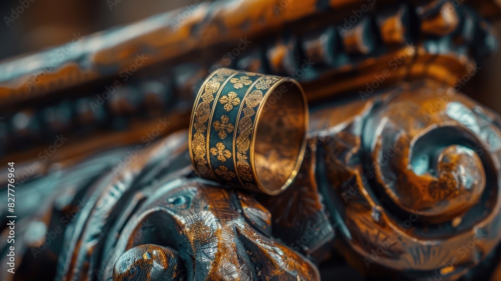 Intricate Carved Wooden Details and Ornate Brass Ring Close-Up Intricate Carved Wooden Details and Ornate Brass Ring Close-Up