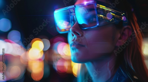 A woman wearing special glasses completely mesmerized by a holographic presentation about the future of technology.