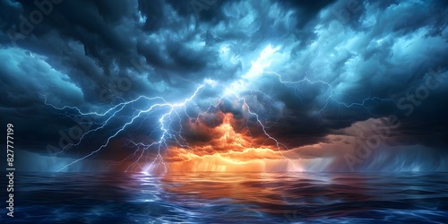 Powerful Themes  Dramatic Lightning Bolt in Dark Sky. Concept Dark Sky  Dramatic Lightning Bolt  Stormy Weather  Powerful Nature  High Contrast Lighting