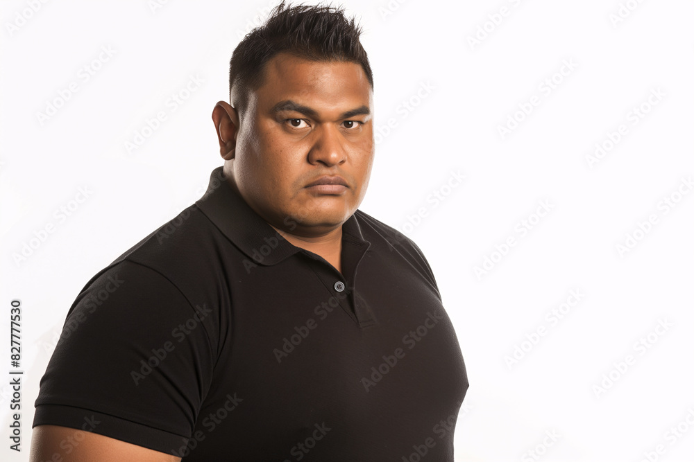 Strong Pacific Islander Man in Black Polo Shirt with Serious Expression Strong Pacific Islander Man in Black Polo Shirt with Serious Expression