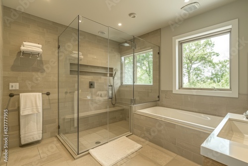 Bathroom with Sleek Shower and Glass Partition Sleek shower, glass partition, and minimalist fixtures. Modern and clean design.