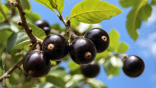 Close up jaboticaba on a tree with leaves and sky view photo