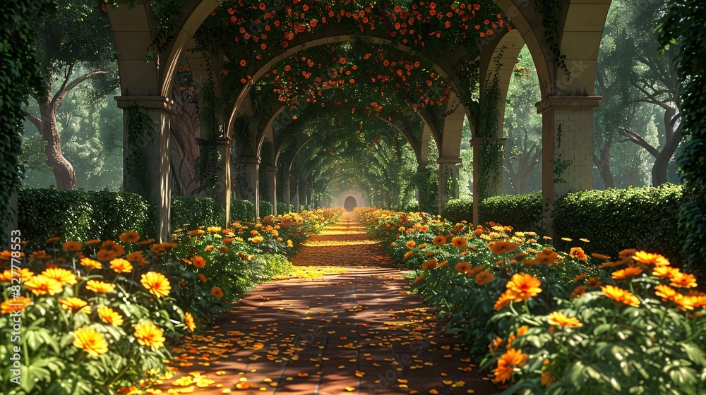 Fototapeta premium Captivating 3D render of an aesthetic landscape, featuring lush greenery and beautiful flowers in a harmonious setting
