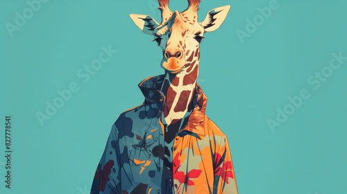 An adorable giraffe in a quirky human outfit portrayed through a 2d illustration