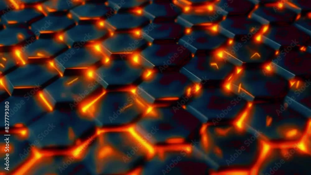 A grid of black hexagons that slowly pulse with an orange glow, where each hexagon lights up and dims in a synchronized wave pattern, 4K black background High-Quality Animation Video A grid of black hexagons that slowly pulse with an orange glow, where each hexagon lights up and dims in a synchronized wave pattern, 4K black background High-Quality Animation Video