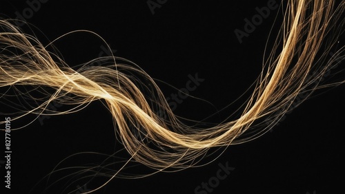 Elegant flowing strands of light on a black background, embodying motion and fluidity with a touch of golden hues.