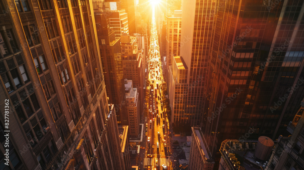 Obraz premium Top View of Skyscrapers in Golden Glow