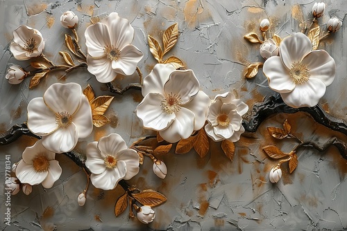 3 panels wall art  3D white flowers with golden petals  marble background  wall decoration 