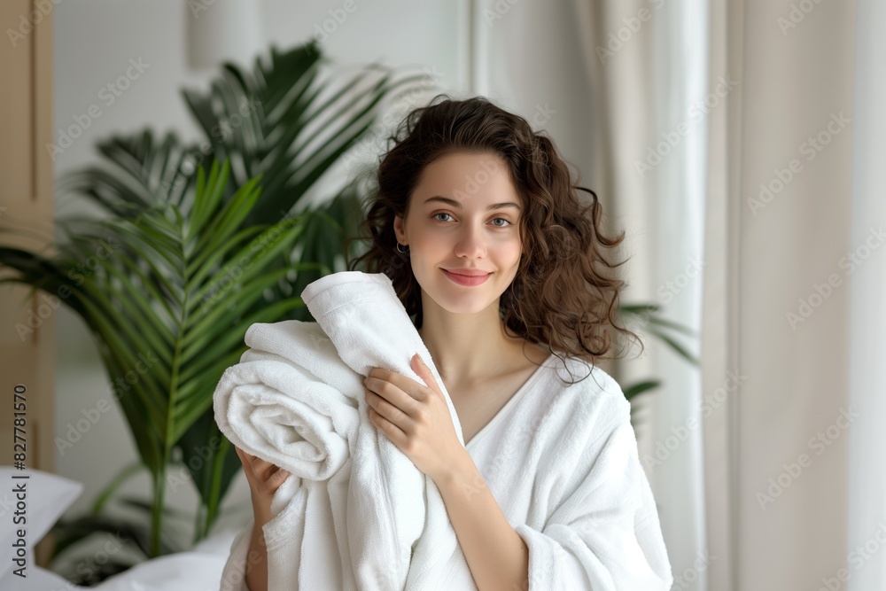 Beauty woman holding white towels, white home Beauty woman holding white towels, white home