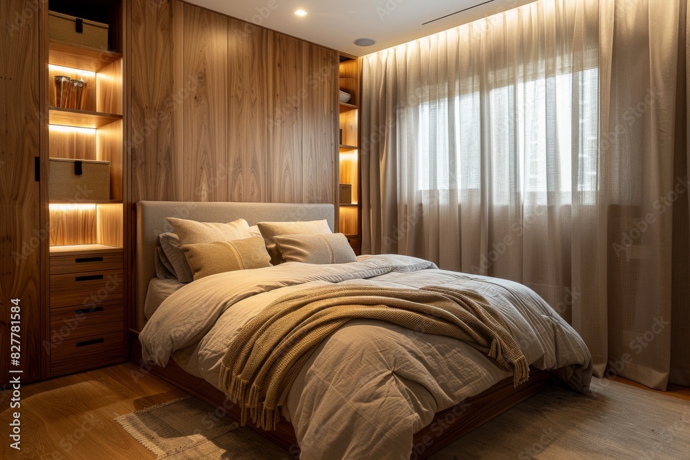 Bedroom with Built-In Wardrobe Bed with neutral bedding, built-in wardrobe with clean lines, and soft lighting. Simple and functional. Bedroom with Built-In Wardrobe Bed with neutral bedding, built-in wardrobe with clean lines, and soft lighting. Simple and functional.