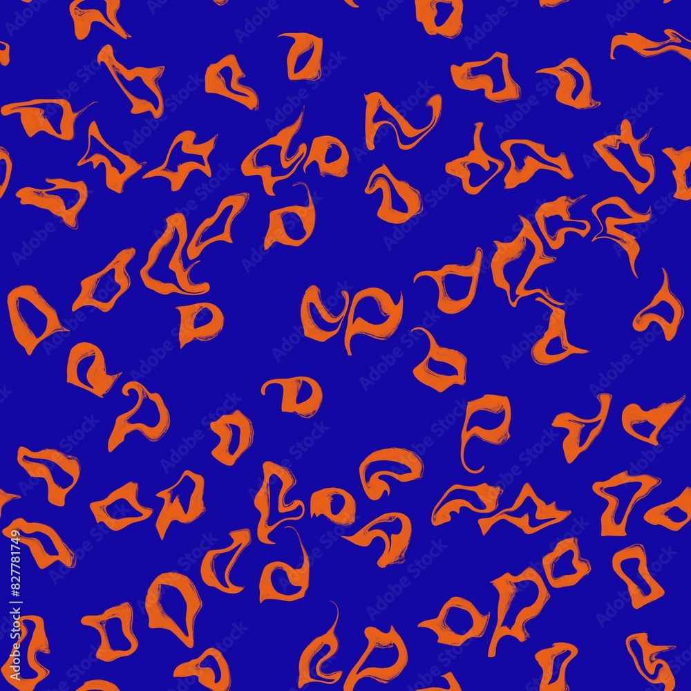 Seamless abstract geometric pattern. Orange, blue. Lines, stains, ovals, dots. Digital brush strokes. Design for textile fabrics, wrapping paper, background, wallpaper, cover. Seamless abstract geometric pattern. Orange, blue. Lines, stains, ovals, dots. Digital brush strokes. Design for textile fabrics, wrapping paper, background, wallpaper, cover.