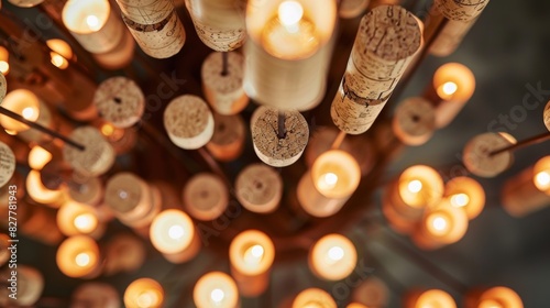 A chandelier made from upcycled wine corks casting a warm and ecofriendly glow.