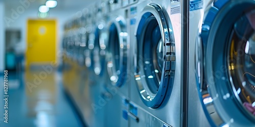 Images of selfservice laundry facilities featuring industrial washing machines and dryers. Concept Self-service Laundry Facilities, Industrial Washing Machines, Dryers, Laundry Room Layout