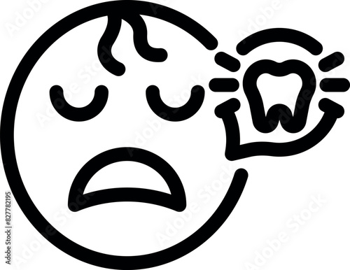 Cartoon toothache expression illustration in black and white simple drawing style, depicting dental health discomfort and facial expression of agony and distress