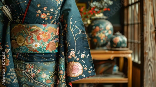A kimono with a floral pattern and a vase with flowers in the background © duyina1990