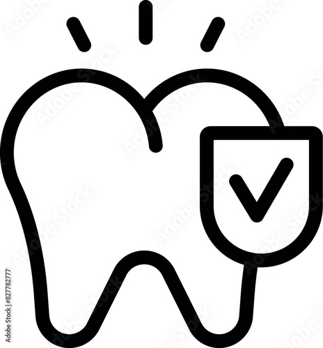 Simple and minimalistic dental icon for healthy tooth protection and cavity prevention. Showcasing a checkmark symbol and shield for assurance and safety in oral hygiene and dentistry