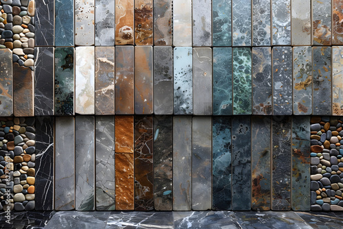 Background close-up view of a mosaic wall made of square tiles in different colors. The tiles have a weathered look and some appear cracked