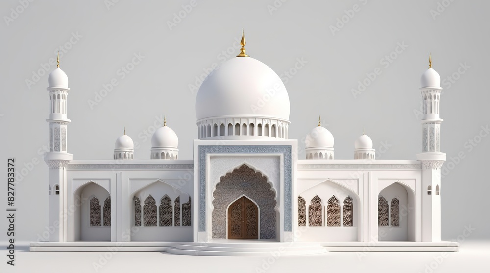 Obraz premium 3D rendering of a simple miniature mini mosque front view on a bright white background