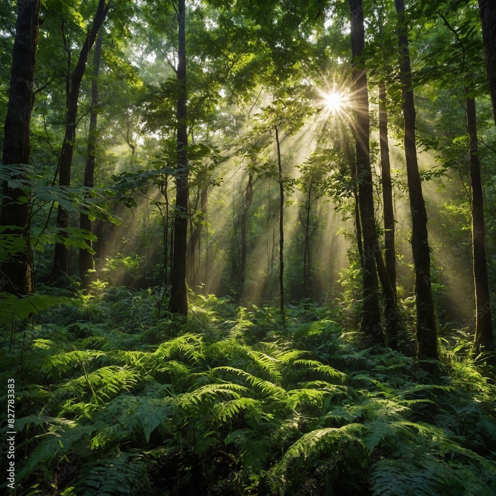 Lush greenery of a dense forest with rays of sunlight filtering through the leaves.
Lush greenery of a dense forest with rays of sunlight filtering through the leaves.
