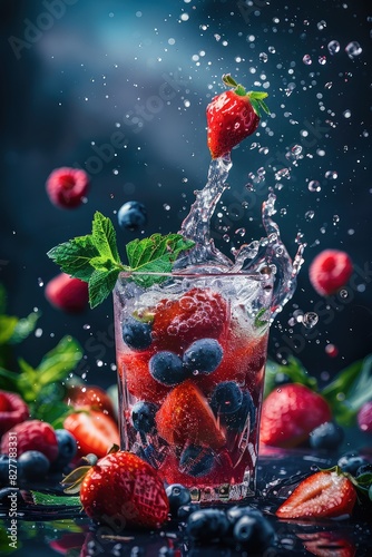 A splash of berries in a glass. Selective focus.