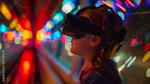 A childs face lights up in wonder as they watch a virtual reality simulation of a train journey through the countryside.