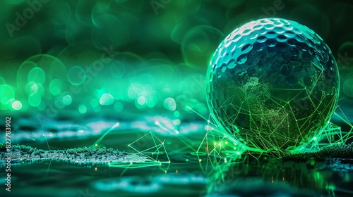 Cyberpunkthemed golf ball with neon accents and digital effects, set against a vibrant green background, Cyberpunk, Digital Art 8K , high-resolution, ultra HD,up32K HD photo