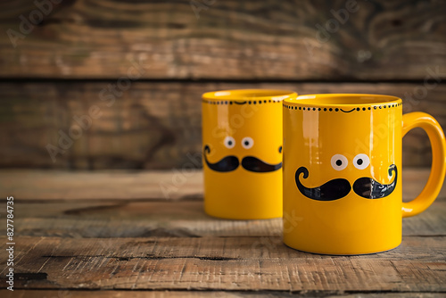 Men's faces made of cups, fake mustaches on wooden background