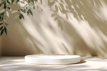 Abstract minimal nature scene - empty stage and white circle podium on beige background and soft shadows of tree leaves. Pedestal for cosmetic product. generative ai.