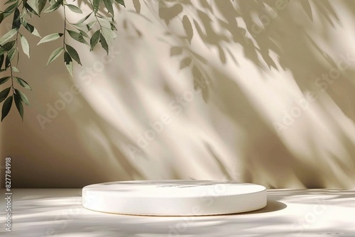 Abstract minimal nature scene - empty stage and white circle podium on beige background and soft shadows of tree leaves. Pedestal for cosmetic product. generative ai.
