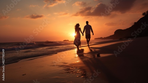 a couple walking hand-in-hand along a secluded beach at sunset 